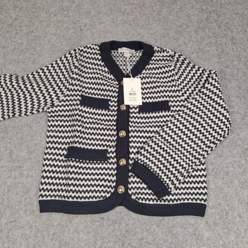 Free Assembly Welt Pocket Cardigan Womens XS Navy Stripe Gold Button Sweater